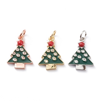 Christmas Style Brass Micro Pave Clear Cubic Zirconia Pendants, with Colorful Enamel & Jump Rings, Long-Lasting Plated, Christmas Tree, Mixed Color, 17x12x2mm, Hole: 3mm, Jump Ring: 5x1mm