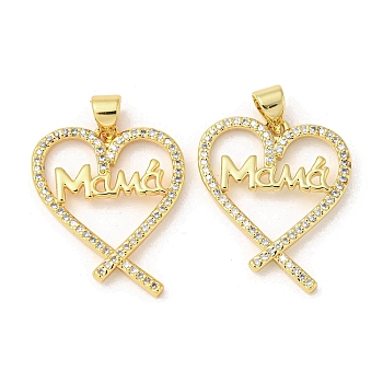 Mother's Day Theme Rack Plating Brass Micro Pave Cubic Zirconia Pendants, Long-Lasting Plated, Lead Free & Cadmium Free, Heart and Word Mama Charms, Real 18K Gold Plated, 23.5x19x2mm, Hole: 5x3mm
