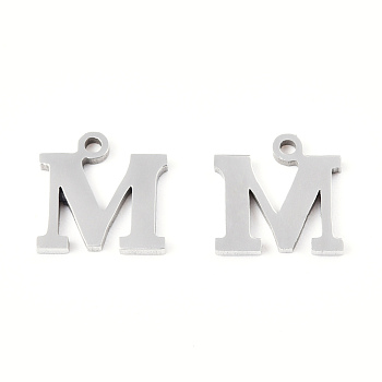 201 Stainless Steel Charms, Alphabet, Letter.M, 8.5x8.5x1mm, Hole: 1mm