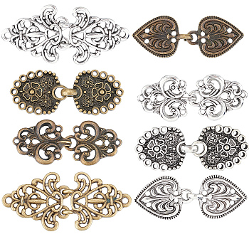 8 Sets 4 Style Alloy Hook Button and Alloy Interlocking Clasps, for Garment Accessories, Mixed Color, 48x19x7.5mm, Hole: 2mm, 1 set/color, 2 colors/style