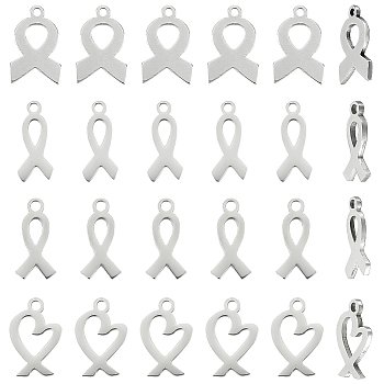 32Pcs 4 Styles 201 Stainless Steel Charms, Awareness Ribbon Charms, Stainless Steel Color, 14~14.5x6.1~9x1~1.1mm, Hole: 1.2~1.6mm, 8pcs/style
