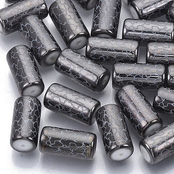 Electroplate Glass Beads, Column with Vine Pattern, Gray, 20x10mm, Hole: 1.2mm, about 50pcs/bag