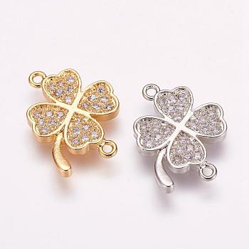 Brass Micro Pave Cubic Zirconia Links, Clover, Mixed Color, 14.5x16.5x2mm, Hole: 1mm