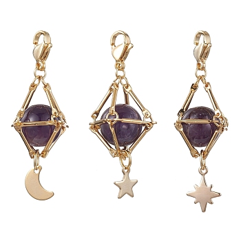 Natural Amethyst Brass Pendant Decorations, Diamond with Star & Moon, 48~52mm, 3pcs/set