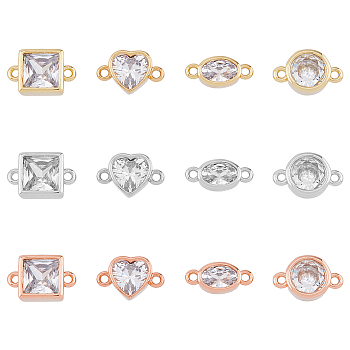 12Pcs 12 Styles Brass Pave Clear Cubic Zirconia Connector Charms, Long-Lasting Plated, Heart & Oval & Flat Round & Square, Mixed Shapes, Mixed Color, 11x5~7x3~3.8mm, Hole: 1~1.2mm, 1pc/style
