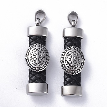 Imitation Leather Pendants, with 304 Stainless Steel Findings, Rectangle with Oval, Black, Antique Silver & Stainless Steel Color, 57x17.5~18x11.5mm, Hole: 6x9mm