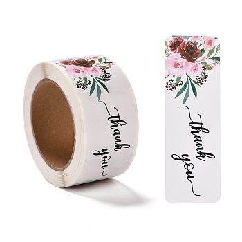 Flower Pattern Paper Gift Tag Stickers, Rectangle with Word Thank You Adhesive Labels Roll Stickers, for Party, Decorative Presents, White, 2.8cm, about 120pcs/roll