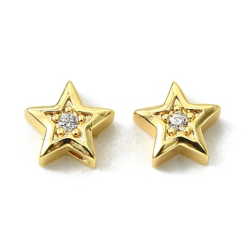 Brass Micro Pave Cubic Zirconia Beads, Star, Real 18K Gold Plated, 8x8.5x3mm, Hole: 1mm