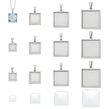 DIY Blank Square Pendant Making Kit, Including 304 Stainless Steel Pendant Cabochon Settings, Glass Cabochons, Stainless Steel Color, 24Pcs/box