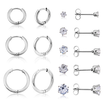 16Pcs 8 Style Clear Cubic Zirconia Stud Earrings & Titanium Steel Huggie Hoop Earrings, 304 Stainless Steel Jewelry for Women, Stainless Steel Color, Stud Earrings: 14~17x3.5~8.5mm, Hoop Earrings: 11.5~15x12.5~16x2mm, Pin: 1mm, 2Pcs/style