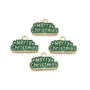 Rack Plating Alloy Enamel Pendants, Cadmium Free & Nickel Free & Lead Free, Light Gold, Word Merry Christmas, Dark Green, 12.5x20x1.5mm, Hole: 1.8mm