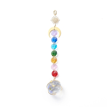 Electroplate Octagon Glass Beaded Pendant Decorations, Suncatchers, Rainbow Maker, with 304 Stainless Steel Split Rings, Clear Faceted Glass Pendants, Round Pattern, 202mm