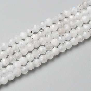 Natural Rainbow Moonstone Beads Strands, Round, Faceted, 3mm, Hole: 0.6mm, about 140pcs/strand, 15.55 inch(39.5cm)