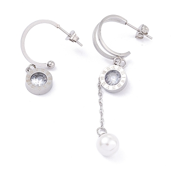 Ion Plating(IP) 304 Stainless Steel Asymmetrical Stud Earrings, Half Hoop Earrings with Rhinestone and Plastic Imitation Pearl, Flat Round with Roman Numerals, Mixed Color, 33.5~65mm, Pin: 0.8mm