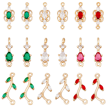 18Pcs 9 Styles Brass Pave Cubic Zirconia Connector Charms, Light Gold, Long-Lasting Plated, Branch & Teardrop & Butterfly, Mixed Color, 17~21x5~8.5x3~3.5mm, Hole: 1.2~1.5mm, 2pcs/style