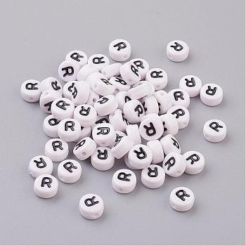 Flat Round with Letter R Acrylic Beads, with Horizontal Hole, White & Black, Size: about 7mm in diameter, 4mm thick, hole: 1mm