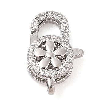 Brass Micro Pave Clear Cubic Zirconia Lobster Claw Clasps, Flower, Real Platinum Plated, 19.7x12.7x5.8mm, Hole: 1.5mm