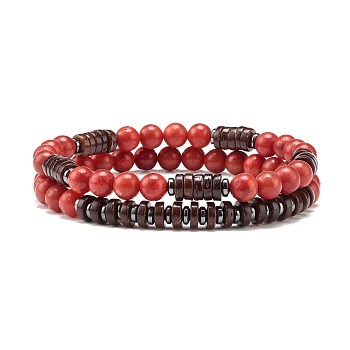 Synthetic Grass Coral & Non-magnetic Hematite Beads Energy Stretch Bracelets Set, Coconut Beads Bracelets for Girl Women, Inner Diameter: 2-3/8 inch(5.9cm), 2pcs/set