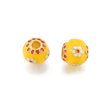 Alloy Enamel Beads, Matte Gold Color, Rondelle with Flower, Yellow, 9~9.5x9mm, Hole: 3mm