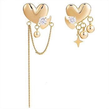Clear Cubic Zirconia Heart with Moon & Star Asymmetrical Earrings, Brass Long Tassel Dangle Earrings for Women, Golden, 94.5x25mm, 30x22mm, Pin: 0.7mm