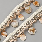 Ethnic Style Cotton Fringe Lace Ribbon, Lace Trimming with Resin & Shell Tassel, Floral White, 1-1/2 inch(37mm), about 2.62~2.73 Yards(2.4~2.5m)/Skein(OCOR-WH0100-35D-01)