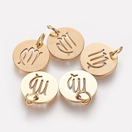 304 Stainless Steel Charms, Flat Round with Constellation/Zodiac Sign, Golden, Virgo, 12x1mm, Hole: 3mm(STAS-Q201-T445-6G)