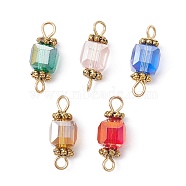 Glass Connector Charms, Cube Links with 304 Stainless Steel Double Loops, Mixed Color, Antique Golden, 15~15.5x5.5~6x5.5~6mm, Hole: 1.6mm & 1.8mm(PALLOY-JF02364-01)
