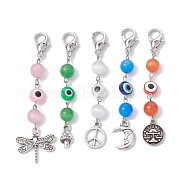 Cat Eye & Resin Evil Eye Round Pendant Decorations, with Alloy Lobster Claw Clasps, Mixed Shapes, Mixed Color, 68~76mm(HJEW-JM01400)