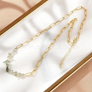 Natural Prehnite Chip Beaded Necklaces, Brass Paperclip Chain Necklaces for Women, Real 18K Gold Plated, Long-Lasting Plated, Rack Plating, 17.32~17.87 inch(44~45.4cm)(NJEW-C070-04G-04)