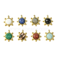 Ion Plating(IP) 304 Stainless Steel Pave Faceted Natural & Synthetic Mixed Gemstone Pendants, Granulated Flat Round Charms, Real 14K Gold Plated, 19.5x17x4.5~6mm, Hole: 1.5mm(FIND-Z028-39)