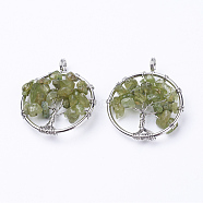 Natural Peridot Pendants, with Brass Findings, Flat Round with Tree of Life, Platinum, 29x5~7mm, Hole: 4.5mm(G-E419-19P)