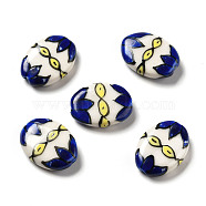 Handmade Printed Porcelain Beads, Oval with Flower Pattern, Blue, 18x14.5x5mm, Hole: 1.6mm(PORC-F005-01F)