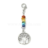 Alloy Tree of Life Pendant Decorations, with Chakra Gemstone Bead and Zinc Alloy Lobster Claw Clasps, Flat Round, 55mm(HJEW-JM01383-04)