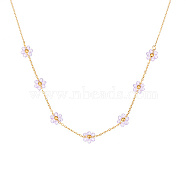 Real 18K Gold Plated Stainless Steel Flower Beaded Pendant Necklaces for Women, Lilac, 17.72 inch(45cm)(ZU7847-2)