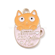 Alloy Enamel Pendants, Golden, Cup Cat with Word Charm, Saddle Brown, 25x18x1mm, Hole: 2mm(PALLOY-P301-04F-G)