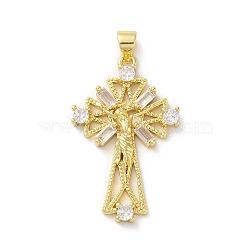 Brass Micro Pave Clear Cubic Zirconia Pendants, Cross, Real 18K Gold Plated, 33x20x3.5mm, Hole: 4x3.5mm(KK-A212-11G-G)