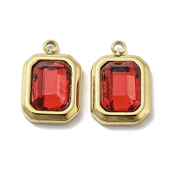 Real 14K Gold Plated 304 Stainless Steel Pendants, with Glass, Rectangle Charms, Red, 13.5x9x4mm, Hole: 1.4mm(X-STAS-L022-062G-01)