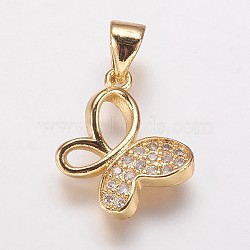 Brass Cubic Zirconia Pendants, Butterfly Charms, Golden, 12x14x2.5mm, Hole: 3.5x5mm(ZIRC-K070-22G)