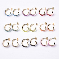Brass Enamel Stud Earrings, Real 18K Gold Plated Half Ring Jewelry for Women, Mixed Color, 15x16x5.5mm, Pin: 1.2mm(EJEW-A093-08G)