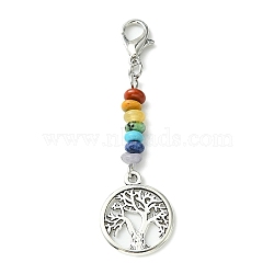 Alloy Tree of Life Pendant Decorations, with Chakra Gemstone Bead and Zinc Alloy Lobster Claw Clasps, Flat Round, 55mm(HJEW-JM01383-04)