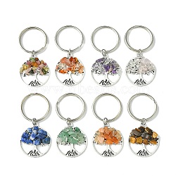 Tibetan Style Alloy & Natural Mixed Gemstone Chips Pendant Keychain, with Iron Split Rings, Flat Round with Tree of Life, Antique Silver & Platinum, 5.35cm, 8pcs/set(KEYC-JKC00646-01)