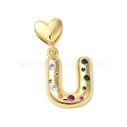 Rack Plating Brass Micro Pave Clear Cubic Zirconia Perdants, Cadmium Free & Lead Free, Long-Lasting Plated, Real 18K Gold Plated, Letter U, 33mm, Pendant: 23x19x4mm, Hole: 6x3mm(KK-C067-12G-U)