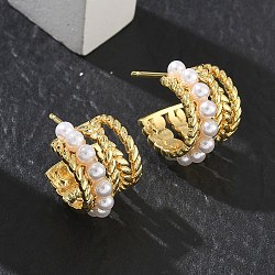 Brass Stud Earrings for Women, with ABS Imitation Pearl, Half Hoop Earrings, Rack Plating, Long-Lasting Plated, Lead Free & Cadmium Free, Real 18K Gold Plated, 17x11mm(EJEW-A168-19G)