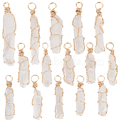 15Pcs Natural Quartz Crystal Pendants, Rock Crystal Pendants, Light Gold Plated Copper Wire Wrapped Nuggets Charms, Faceted, 25~35x4~8x4~7mm, Hole: 2.5~3.5mm(PALLOY-AB00134)