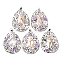 Baroque Natural Freshwater Shell Polymer Clay Rhinestone Big Pendants, Teardrop Charms with Platinum Plated Brass Snap on Bails, White, 54x41x12.5mm, Hole: 6x4.5mm(BSHE-P033-15B)