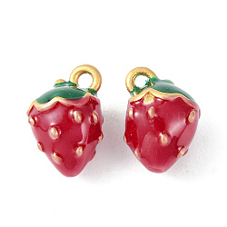 Brass Enamel Charms, Imitation Fruit, Matte Gold Color, Strawberry Charm, FireBrick, 11.5x8x8mm, Hole: 1.2mm(KK-G462-29MG)