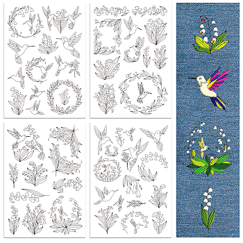 4 Sheets 11.6x8.2 Inch Stick and Stitch Embroidery Patterns, Non-woven Fabrics Water Soluble Embroidery Stabilizers, Hummingbird, 297x210mmm