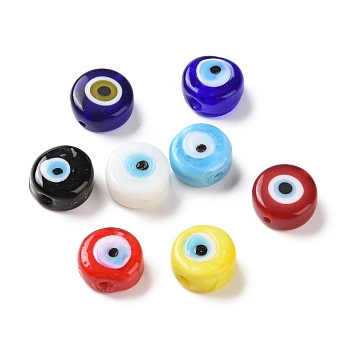 Handmade Evil Eye Lampwork Beads, Flat Round, Mixed Color, 11.5~12x5.5mm, Hole: 1~1.2mm