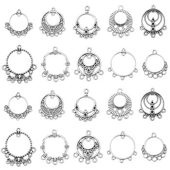 60Pcs 2 Styles Tibetan Style Alloy Connector Rhinestone Settings with 8 Styles Chandelier Component Links, Flat Round, Antique Silver, Fit: 1mm, 1.6mm, 2mm, 2.5mm Rhinestone, 26~37x22~33x1.5mm, Hole: 1.8mm, 6pcs/style