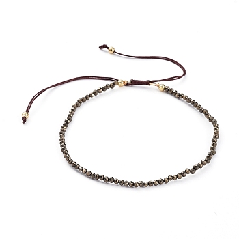 Braided Bead Bracelets, with Natural Pyrite Beads and Golden Plated Brass Beads and Braided Nylon Thread, 55~86mm